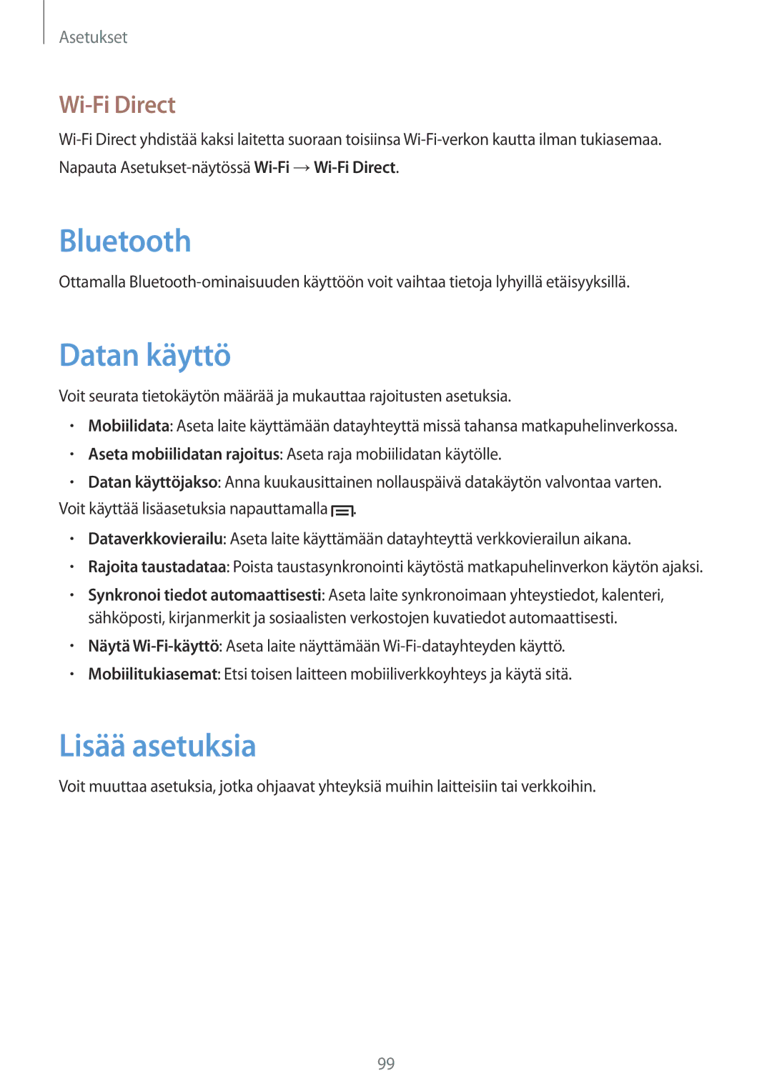 Samsung GT-I8730ZWANEE, GT-I8730TAANEE manual Datan käyttö, Lisää asetuksia, Wi-Fi Direct 