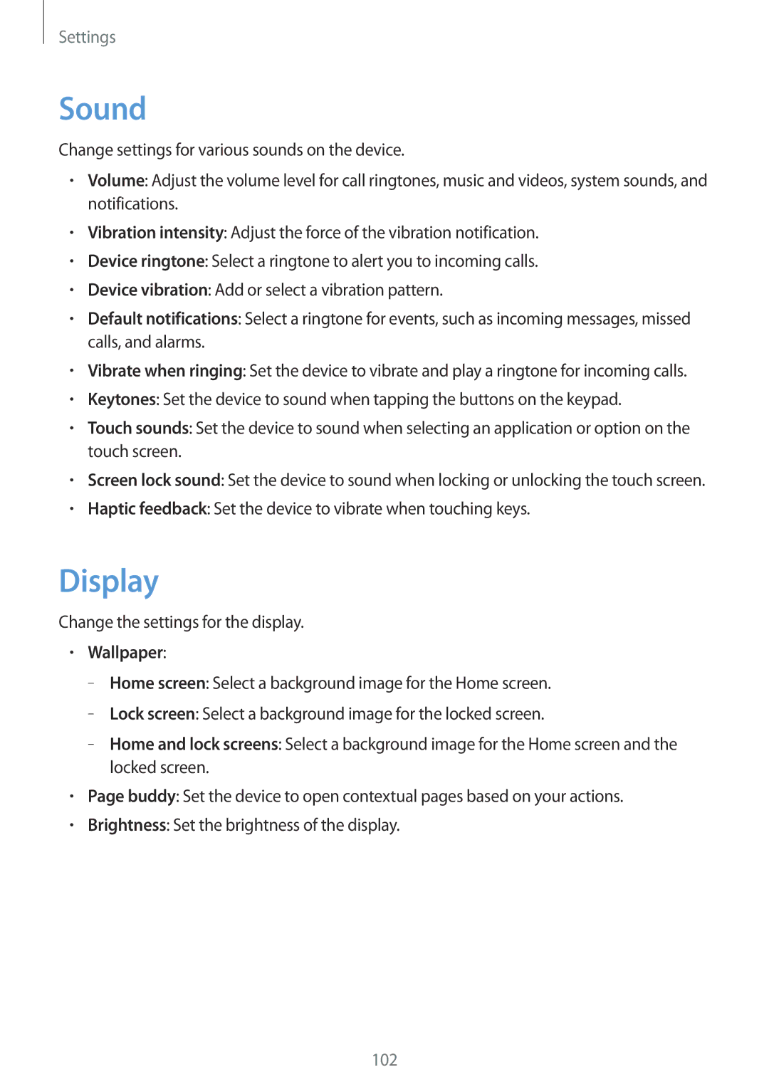 Samsung GT-I8730TAATCL, GT-I8730TAAVGR, GT-I8730ZWAVD2, GT-I8730ZWAMEO, GT-I8730ZWAITV manual Sound, Display, Wallpaper 