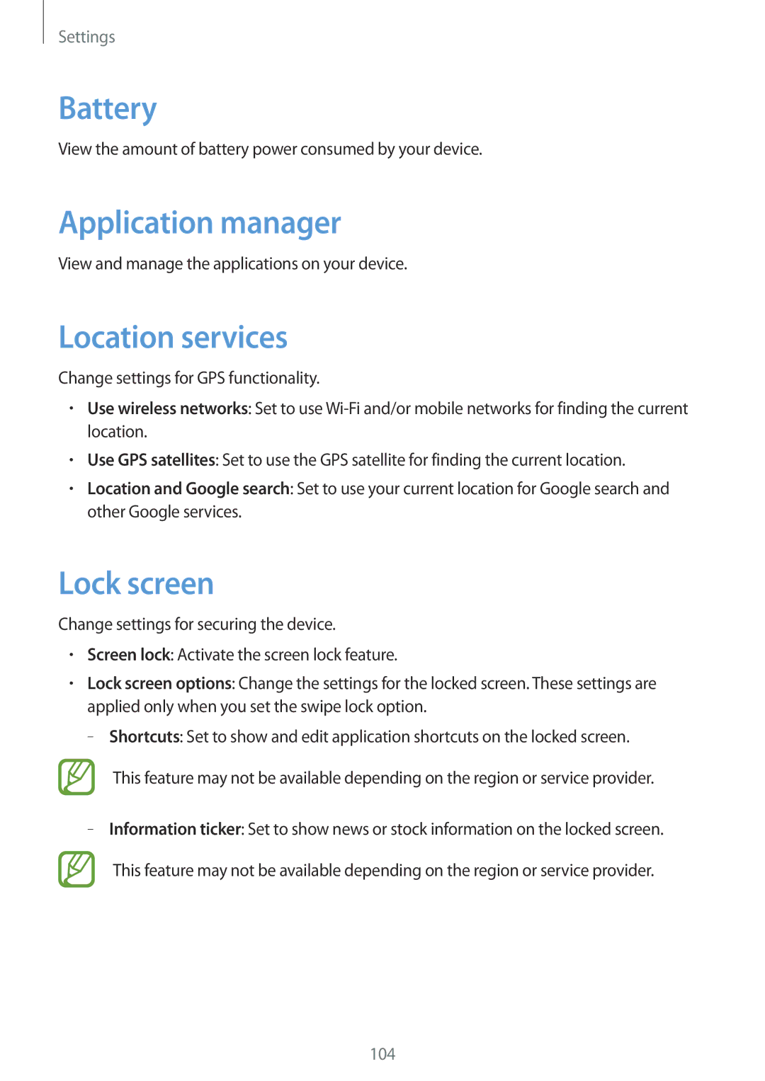 Samsung GT-I8730TAATMN, GT-I8730TAAVGR, GT-I8730ZWAVD2 manual Battery, Application manager, Location services, Lock screen 