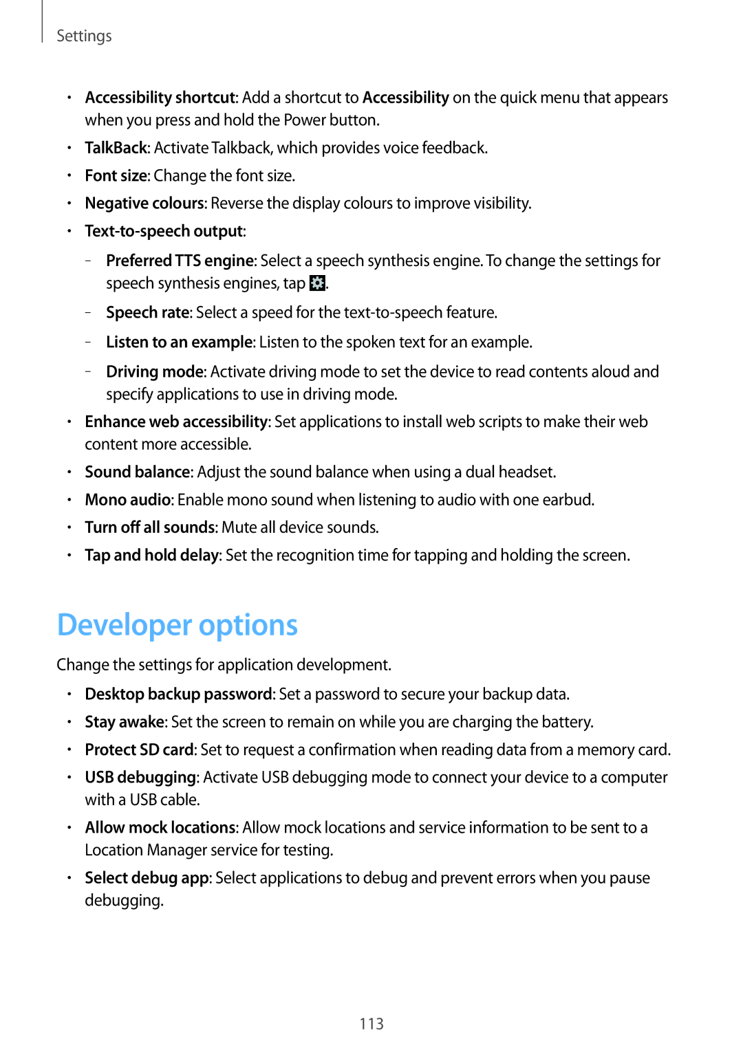 Samsung GT-I8730TAAOMN, GT-I8730TAAVGR, GT-I8730ZWAVD2, GT-I8730ZWAMEO manual Developer options, Text-to-speech output 