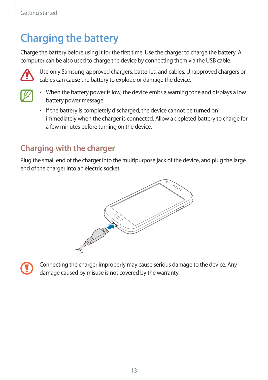 Samsung GT-I8730TAAFTM, GT-I8730TAAVGR, GT-I8730ZWAVD2, GT-I8730ZWAMEO manual Charging the battery, Charging with the charger 