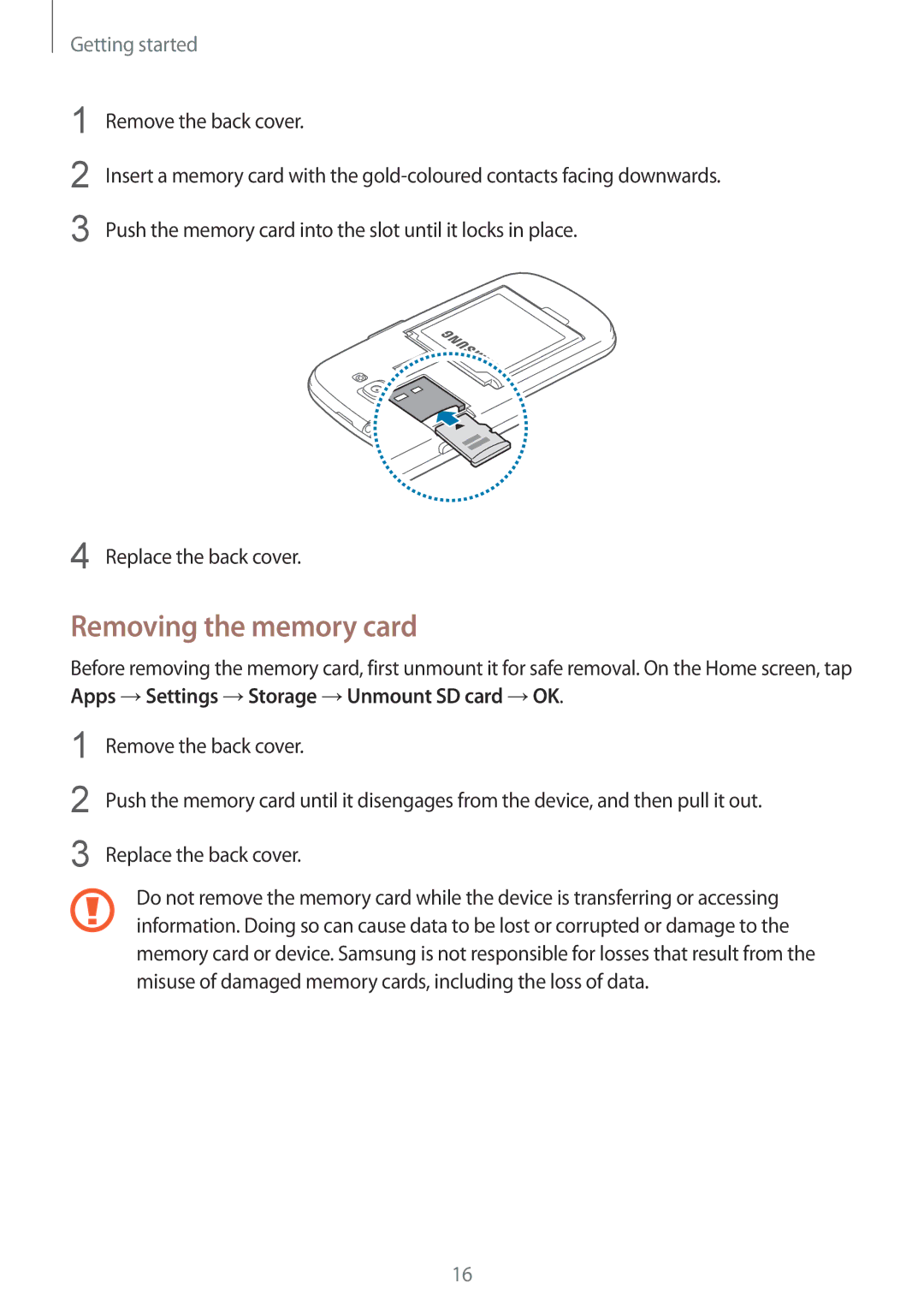 Samsung GT-I8730ZWATIM, GT-I8730TAAVGR, GT-I8730ZWAVD2, GT-I8730ZWAMEO, GT-I8730ZWAITV manual Removing the memory card 