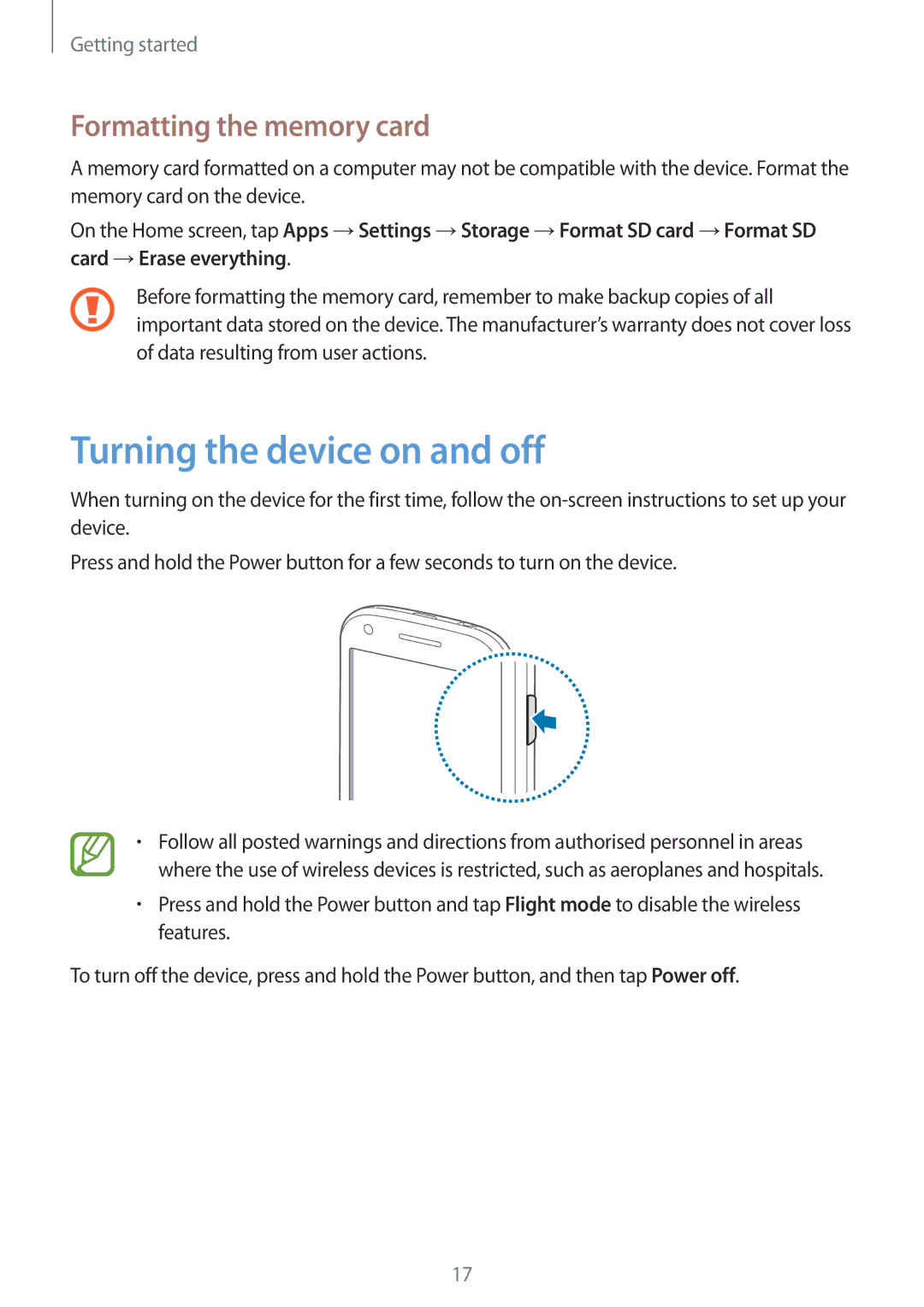 Samsung GT-I8730TAAOMN, GT-I8730TAAVGR, GT-I8730ZWAVD2 manual Turning the device on and off, Formatting the memory card 