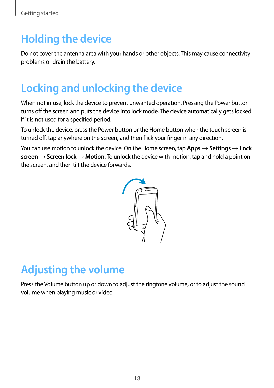 Samsung GT-I8730TAAITV, GT-I8730TAAVGR manual Holding the device, Locking and unlocking the device, Adjusting the volume 