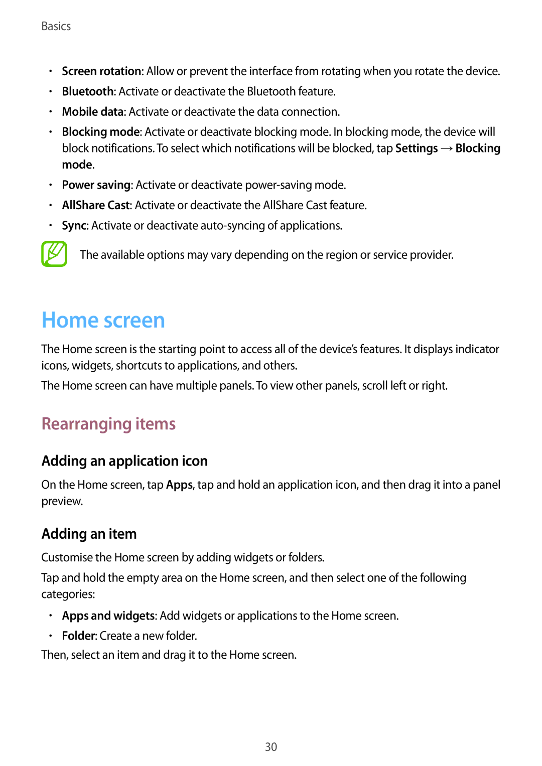 Samsung GT-I8730TAACYV, GT-I8730TAAVGR manual Home screen, Rearranging items, Adding an application icon, Adding an item 