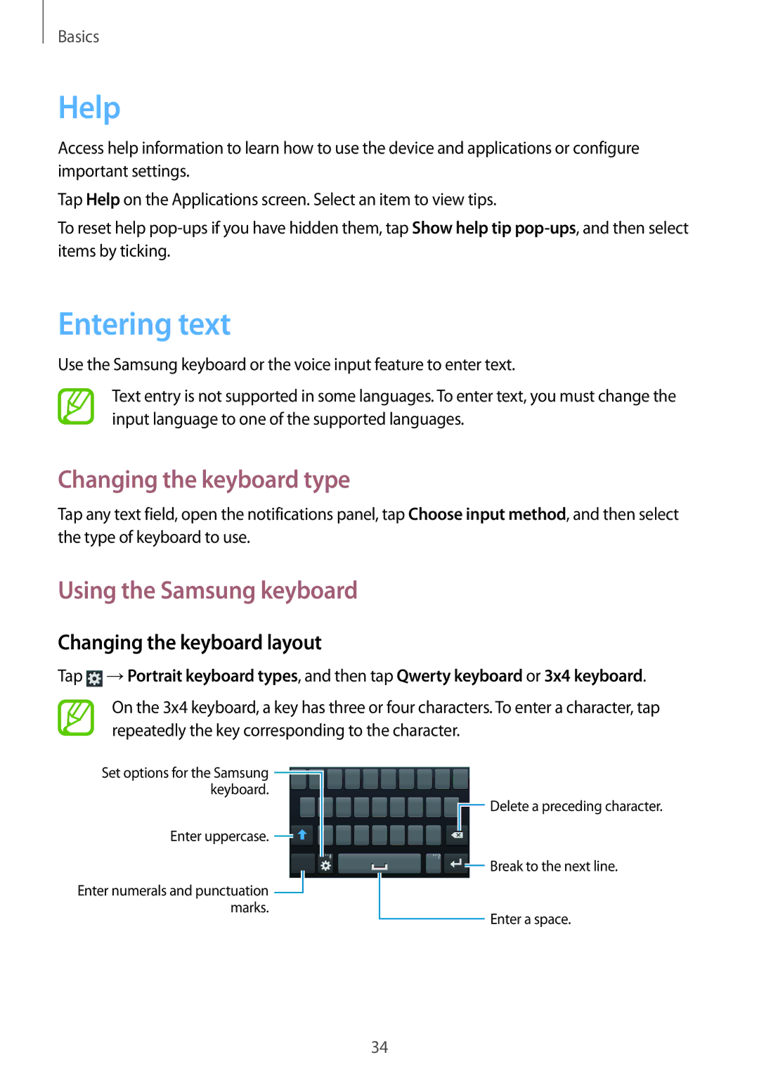 Samsung GT-I8730ZWAMEO, GT-I8730TAAVGR manual Help, Entering text, Changing the keyboard type, Using the Samsung keyboard 