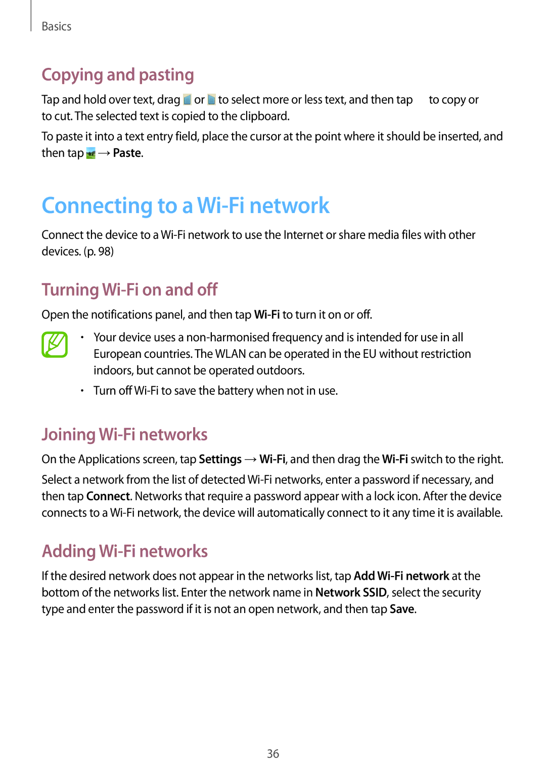 Samsung GT-I8730TAAMEO Connecting to a Wi-Fi network, Copying and pasting, Turning Wi-Fi on and off, Adding Wi-Fi networks 