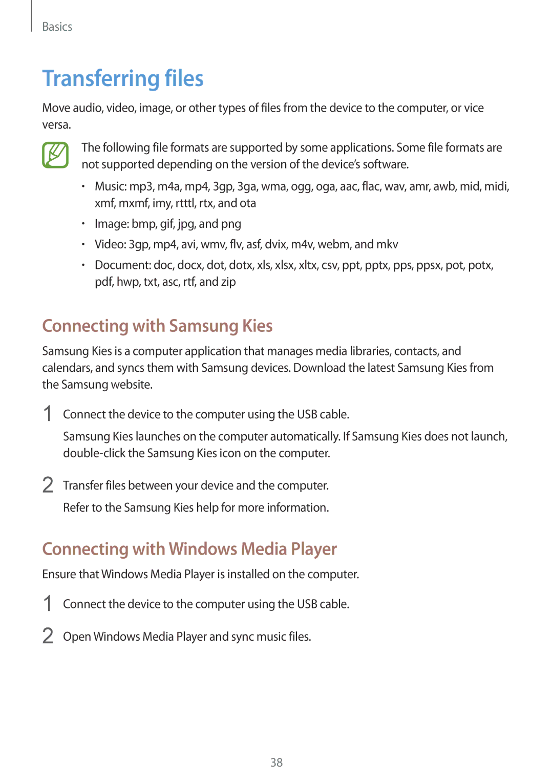 Samsung GT-I8730TAATCL manual Transferring files, Connecting with Samsung Kies, Connecting with Windows Media Player 