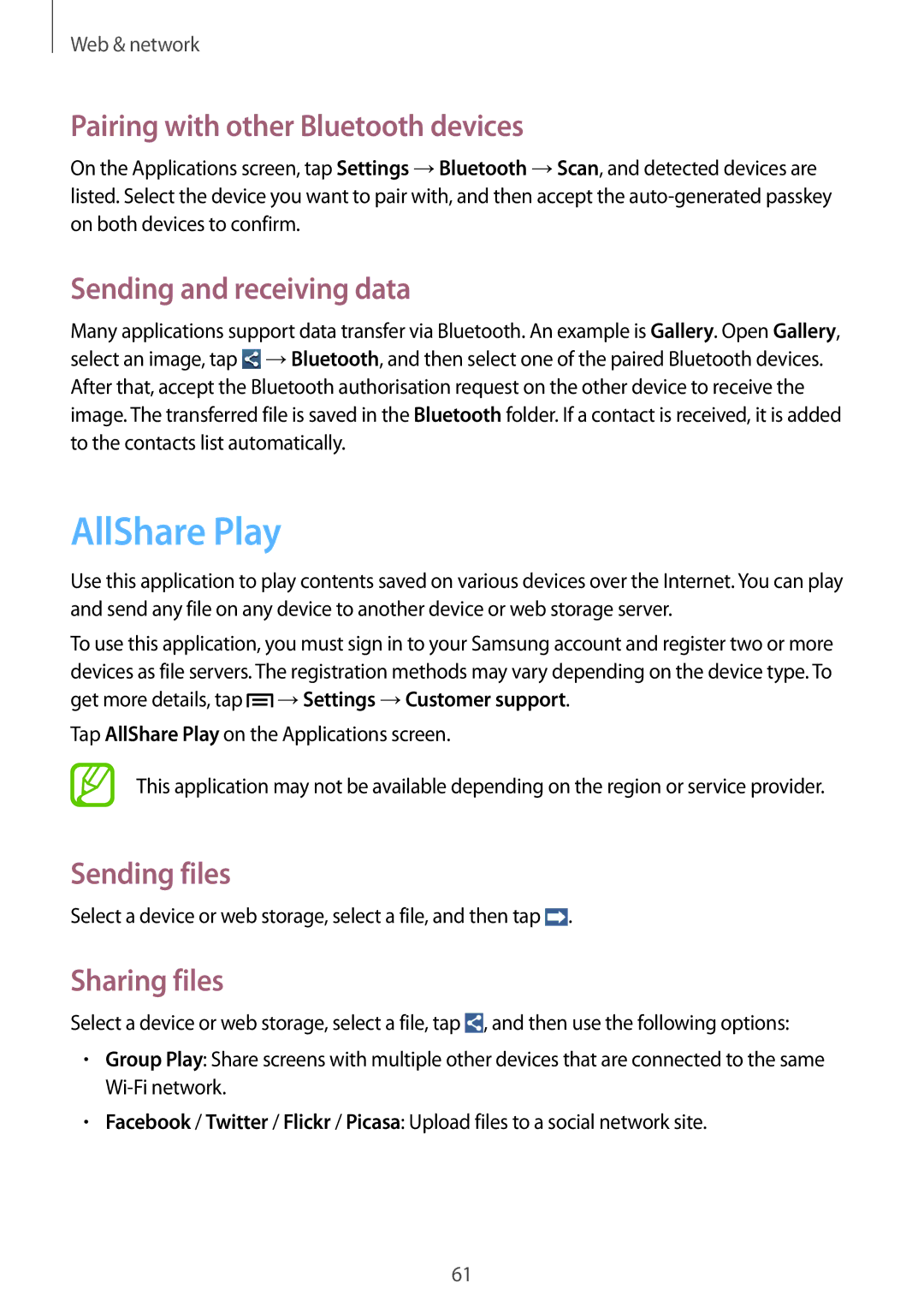 Samsung GT-I8730ZWASEB AllShare Play, Pairing with other Bluetooth devices, Sending and receiving data, Sending files 