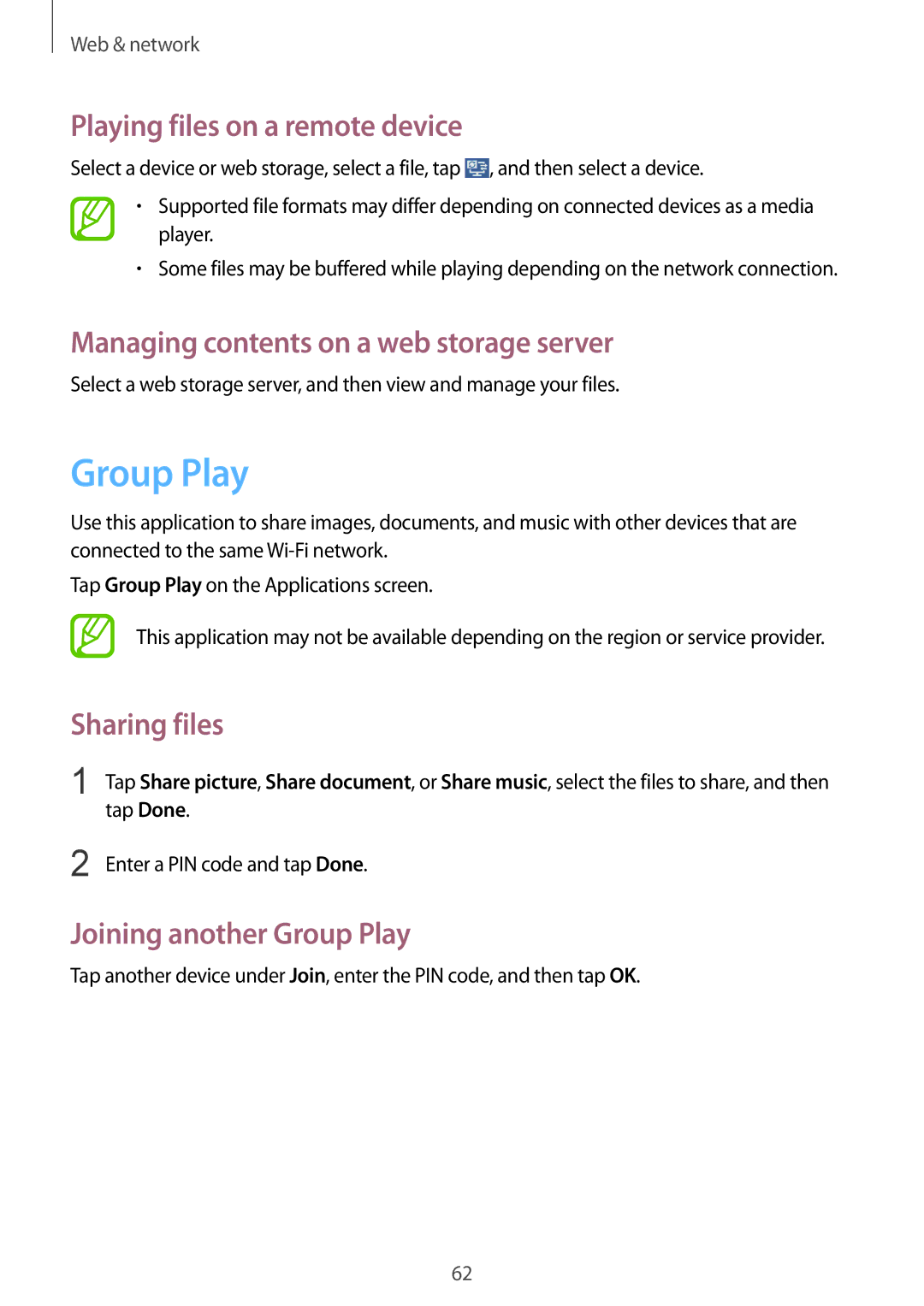 Samsung GT-I8730TAACYV manual Group Play, Playing files on a remote device, Managing contents on a web storage server 