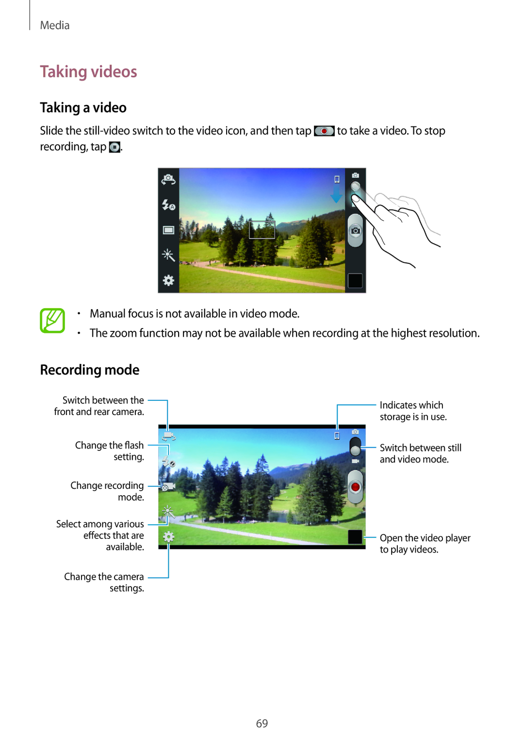 Samsung GT-I8730ZWATMN, GT-I8730TAAVGR, GT-I8730ZWAVD2, GT-I8730ZWAMEO manual Taking videos, Taking a video, Recording mode 