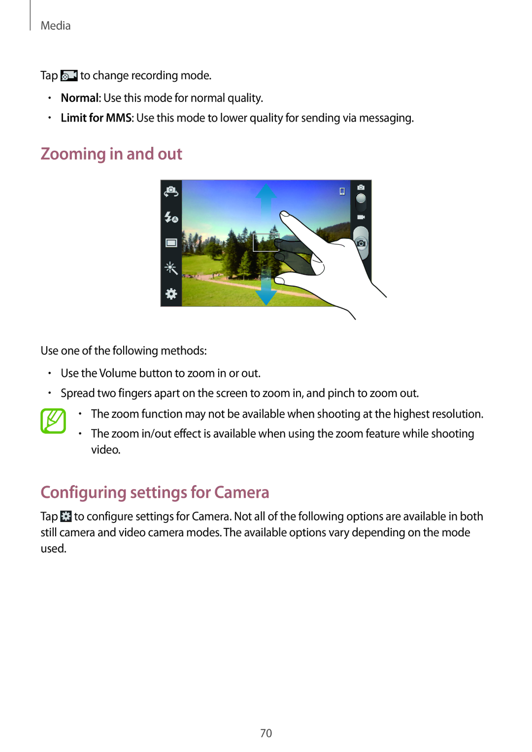 Samsung GT-I8730TAATCL, GT-I8730TAAVGR, GT-I8730ZWAVD2, GT-I8730ZWAMEO Zooming in and out, Configuring settings for Camera 