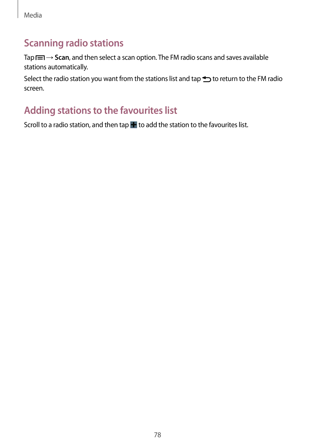 Samsung GT-I8730TAABOG, GT-I8730TAAVGR, GT-I8730ZWAVD2 manual Scanning radio stations, Adding stations to the favourites list 