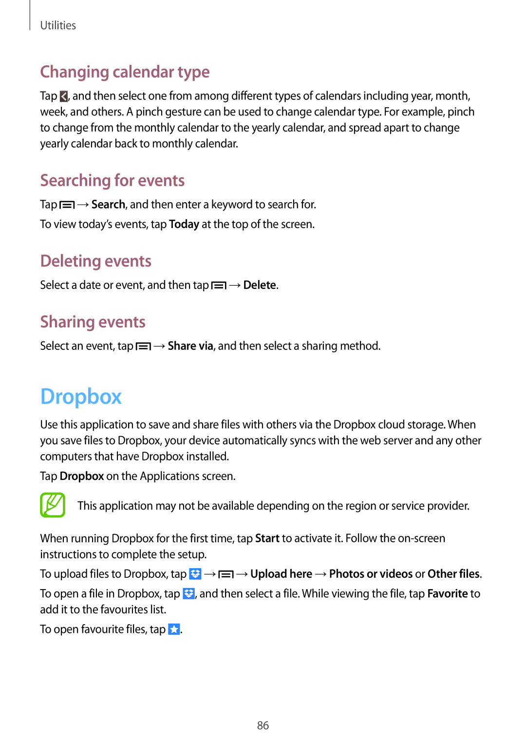 Samsung GT-I8730TAATPH manual Dropbox, Changing calendar type, Searching for events, Deleting events, Sharing events 