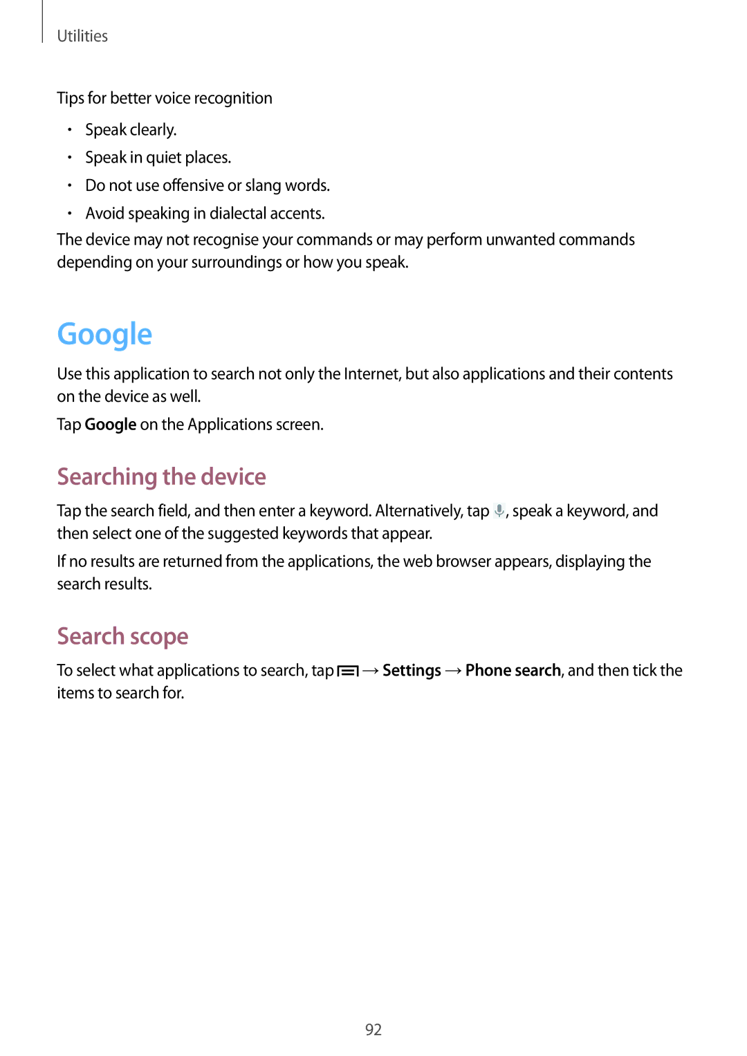 Samsung GT-I8730TAAETL, GT-I8730TAAVGR, GT-I8730ZWAVD2, GT-I8730ZWAMEO manual Google, Searching the device, Search scope 