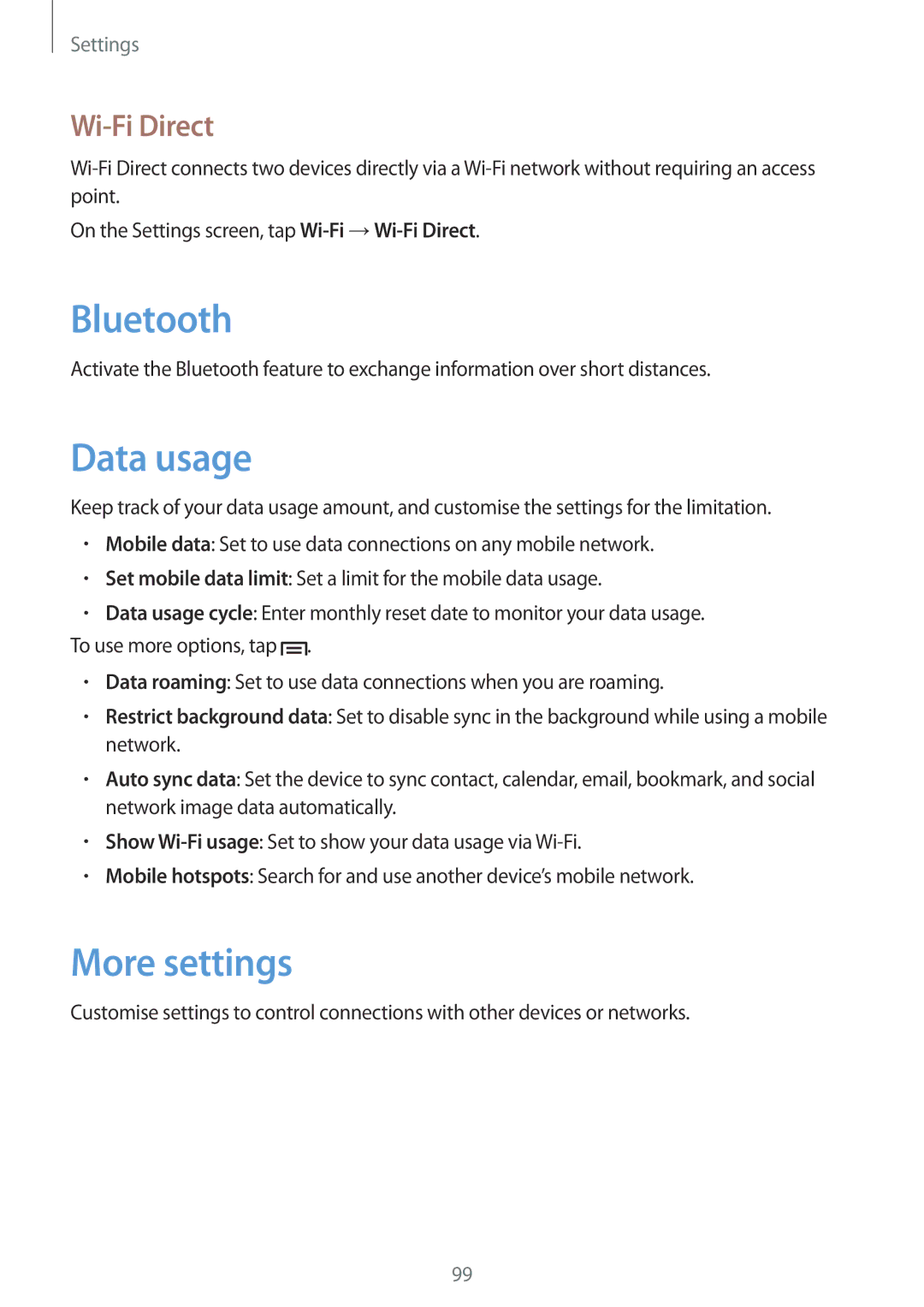 Samsung GT-I8730ZWAITV, GT-I8730TAAVGR, GT-I8730ZWAVD2, GT-I8730ZWAMEO manual Data usage, More settings, Wi-Fi Direct 