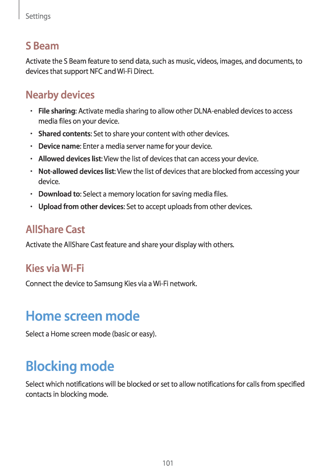 Samsung GT-I8730ZWATMN Home screen mode, Blocking mode, S Beam, Nearby devices, AllShare Cast, Kies via Wi-Fi, Settings 