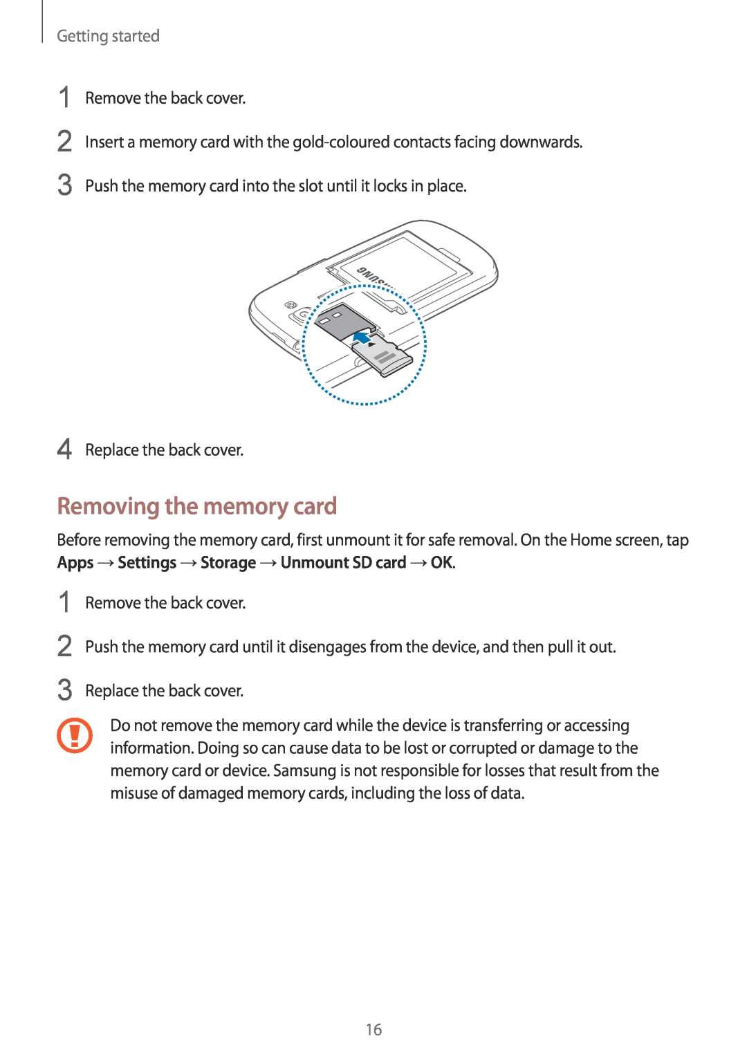 Samsung GT-I8730ZWATIM, GT-I8730TAAVGR, GT-I8730ZWAVD2, GT-I8730ZWAMEO manual Removing the memory card, Getting started 