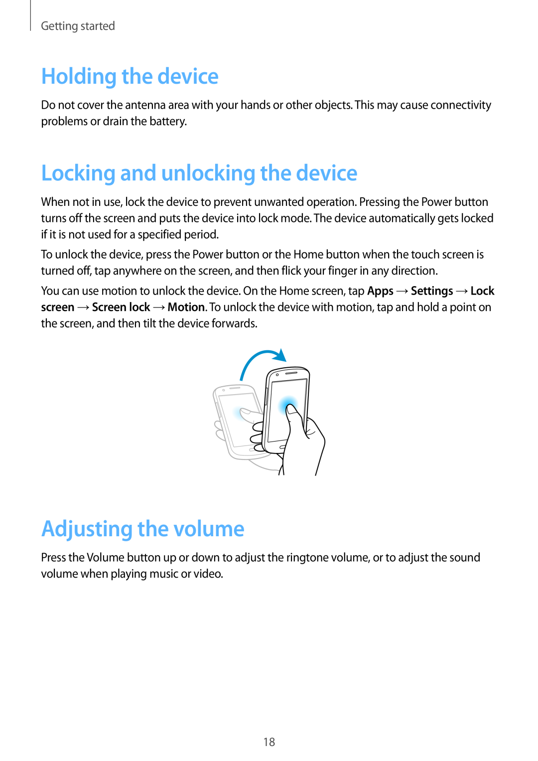Samsung GT-I8730TAAITV manual Holding the device, Locking and unlocking the device, Adjusting the volume, Getting started 