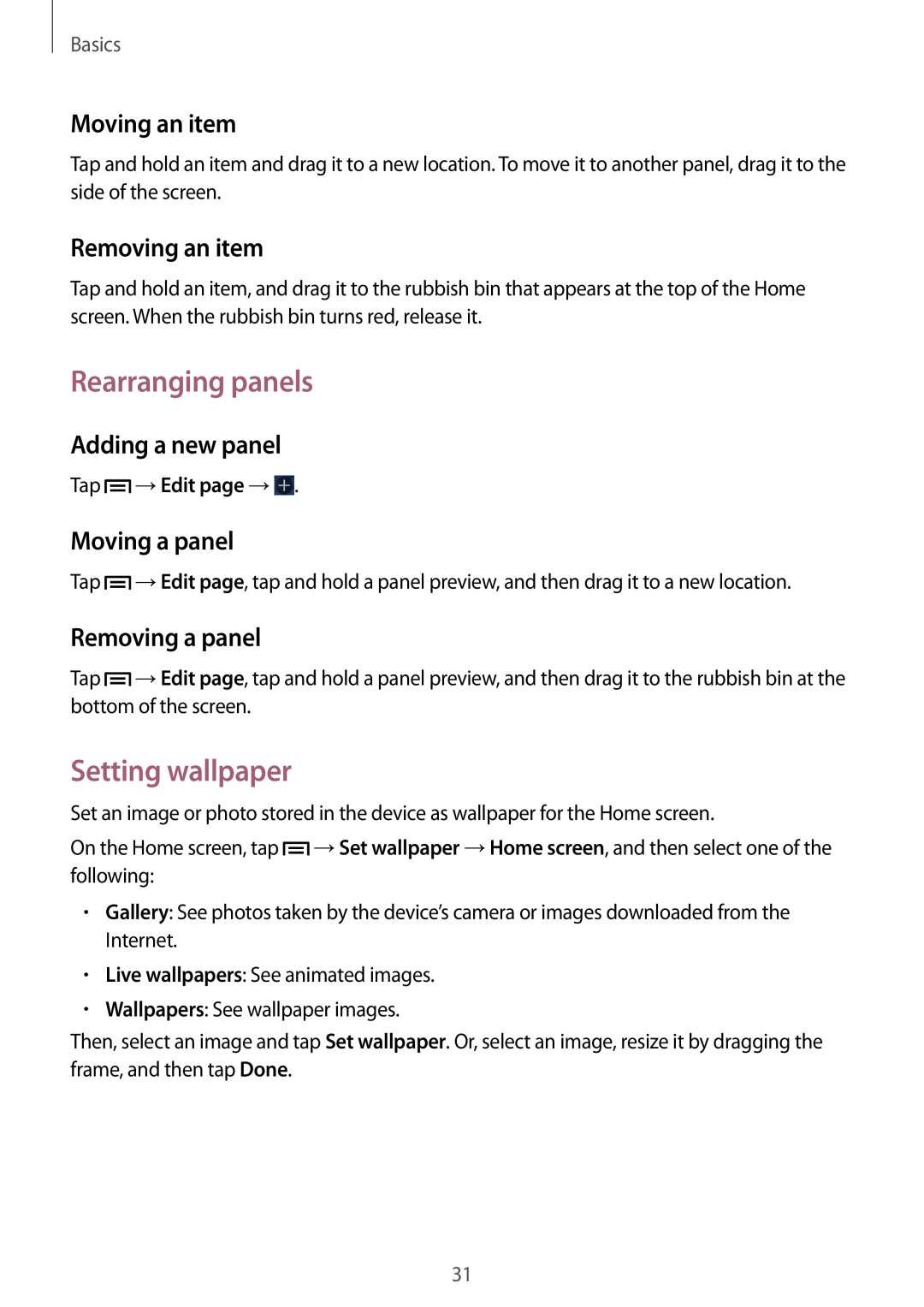 Samsung GT-I8730ZWACYV Rearranging panels, Setting wallpaper, Moving an item, Removing an item, Adding a new panel, Basics 