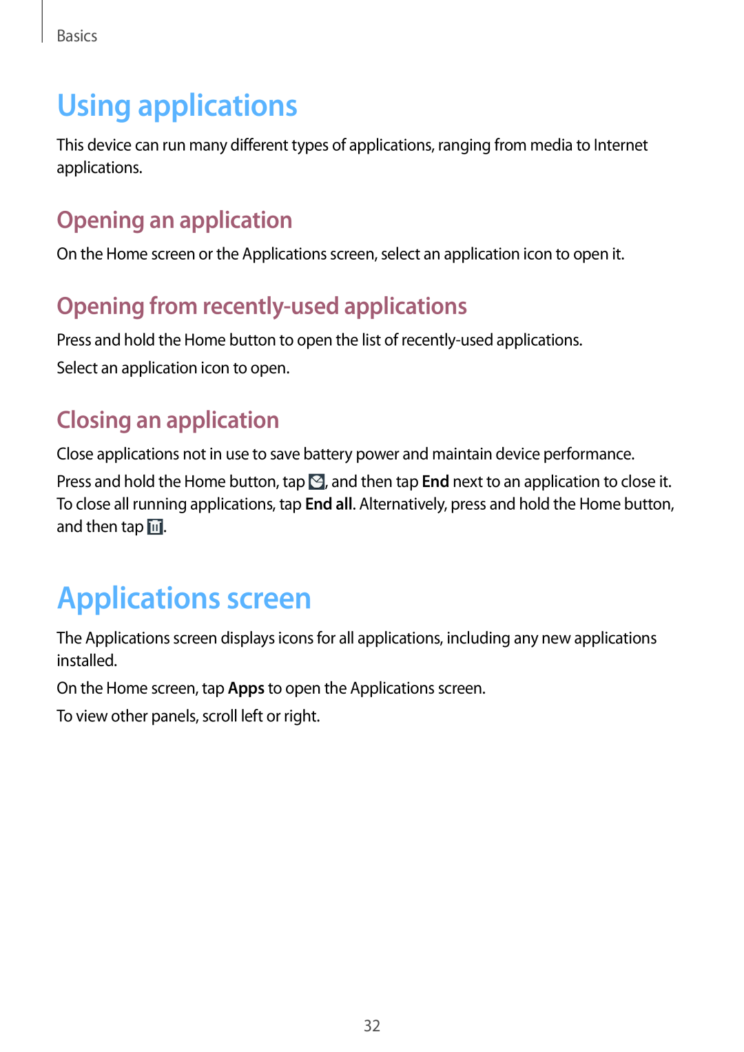 Samsung GT-I8730TAAVGR Using applications, Applications screen, Opening an application, Closing an application, Basics 