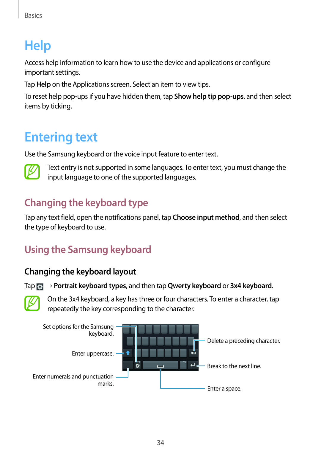 Samsung GT-I8730ZWAMEO, GT-I8730TAAVGR Help, Entering text, Changing the keyboard type, Using the Samsung keyboard, Basics 