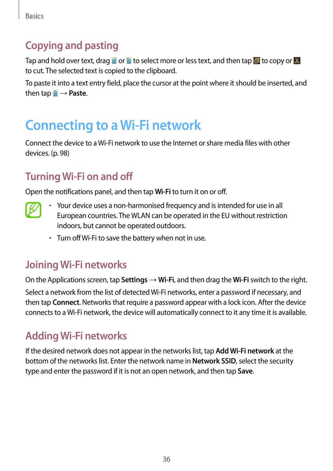 Samsung GT-I8730TAAMEO Connecting to a Wi-Fi network, Copying and pasting, Turning Wi-Fi on and off, Adding Wi-Fi networks 