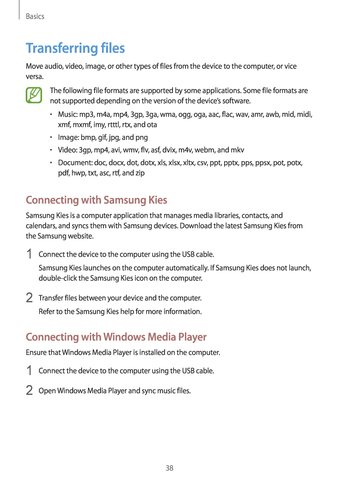 Samsung GT-I8730TAATCL Transferring files, Connecting with Samsung Kies, Connecting with Windows Media Player, Basics 
