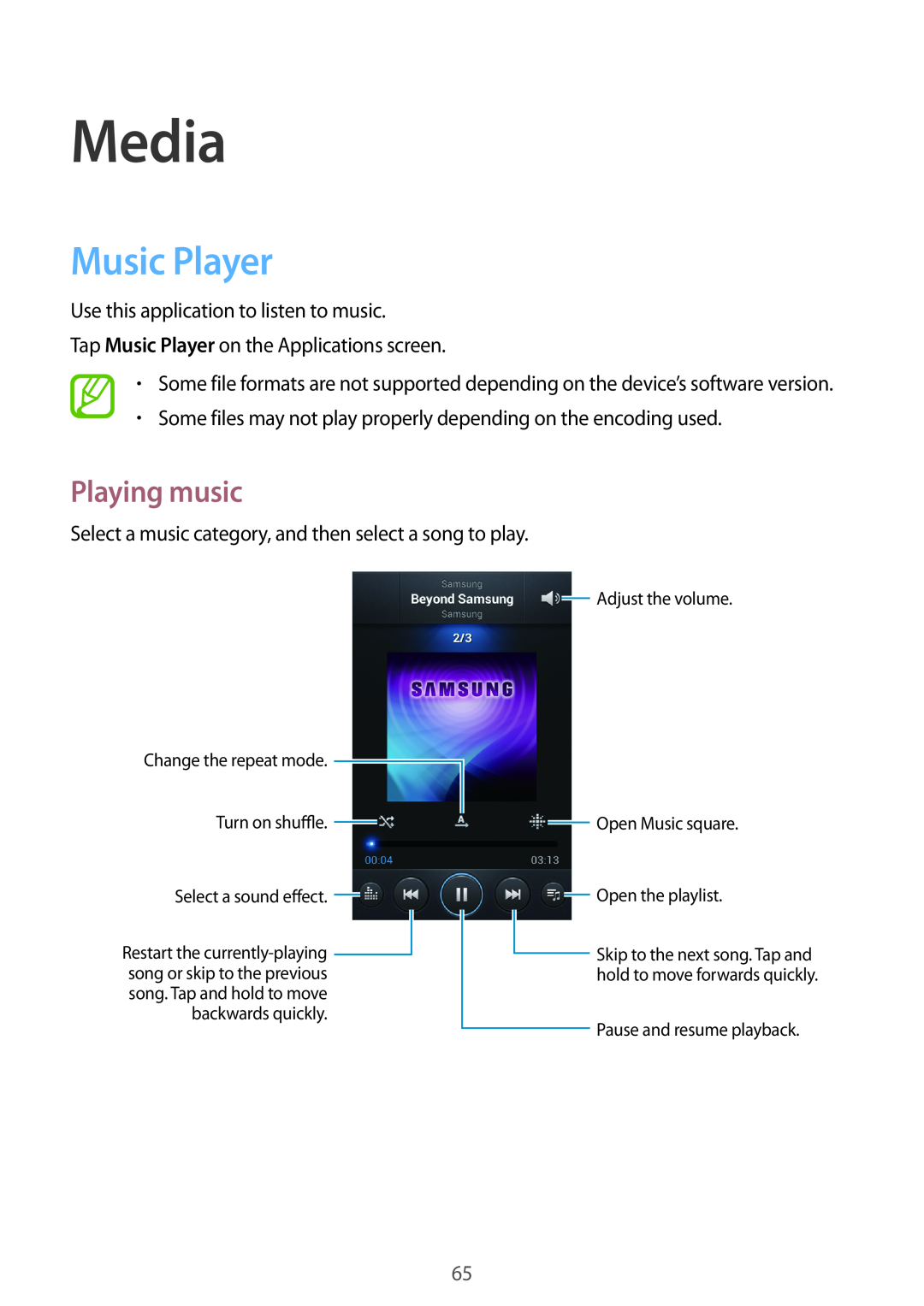 Samsung GT-I8730ZWAVD2 manual Media, Music Player, Playing music, Adjust the volume, Turn on shu e, Open Music square 