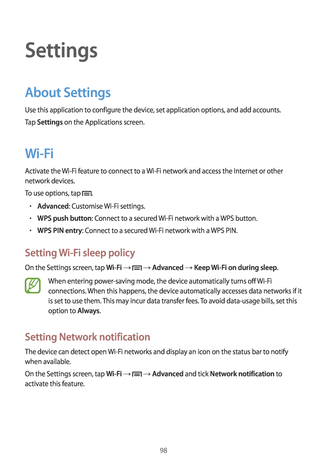 Samsung GT-I8730ZWAMEO, GT-I8730TAAVGR About Settings, Setting Wi-Fi sleep policy, Setting Network notification 