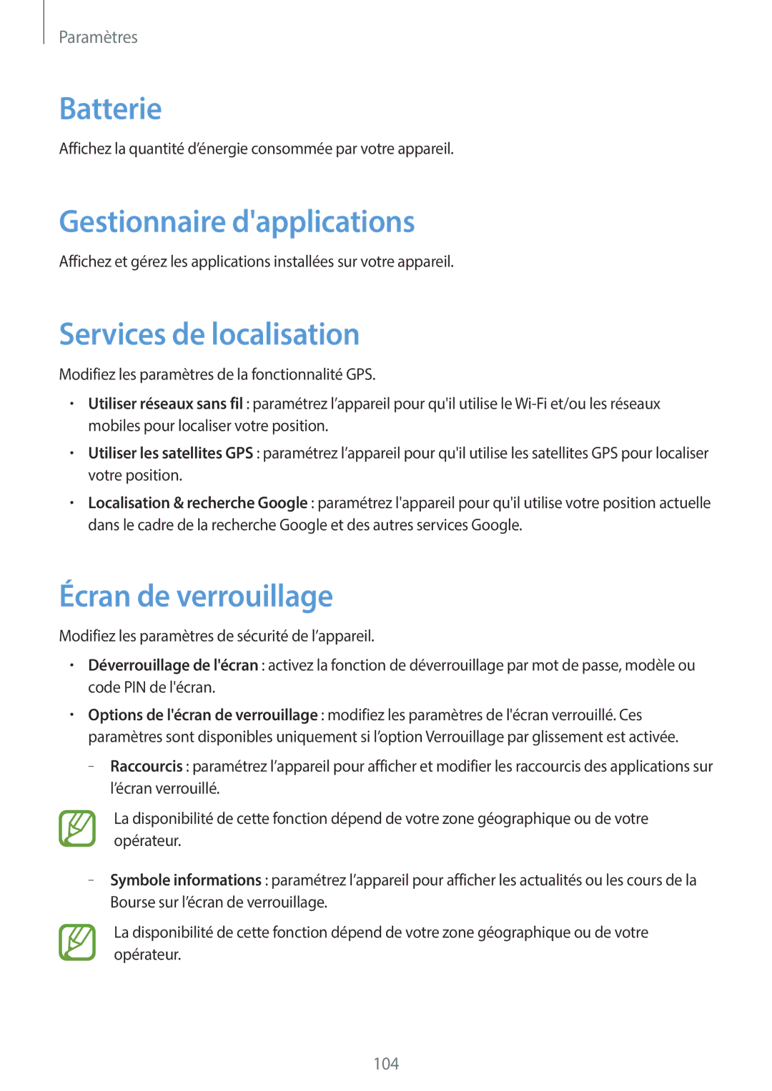 Samsung GT-I8730TAABOG manual Batterie, Gestionnaire dapplications, Services de localisation, Écran de verrouillage 