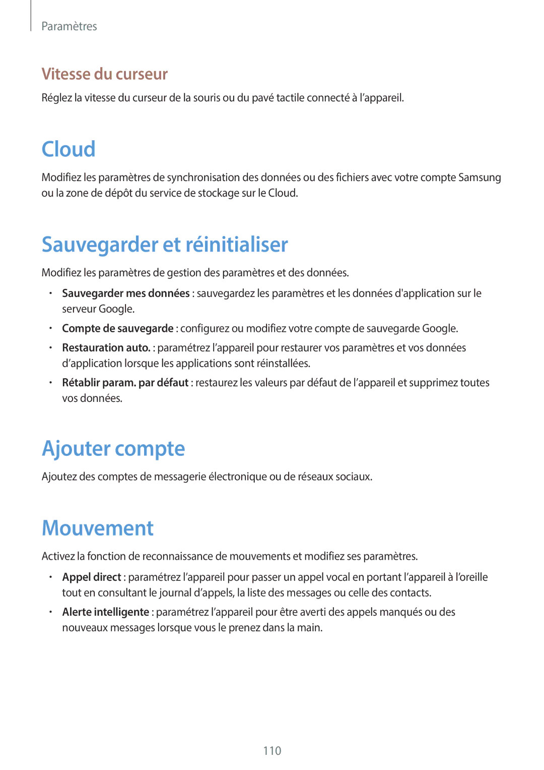 Samsung GT-I8730ZWABOG, GT-I8730ZWASFR manual Sauvegarder et réinitialiser, Ajouter compte, Mouvement, Vitesse du curseur 