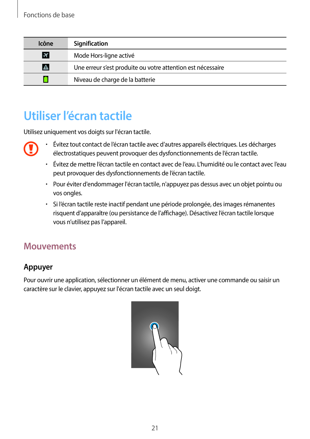 Samsung GT-I8730ZWASFR, GT-I8730ZWABOG, GT-I8730ZWAXEF, GT-I8730TAAFTM manual Utiliser l’écran tactile, Mouvements, Appuyer 