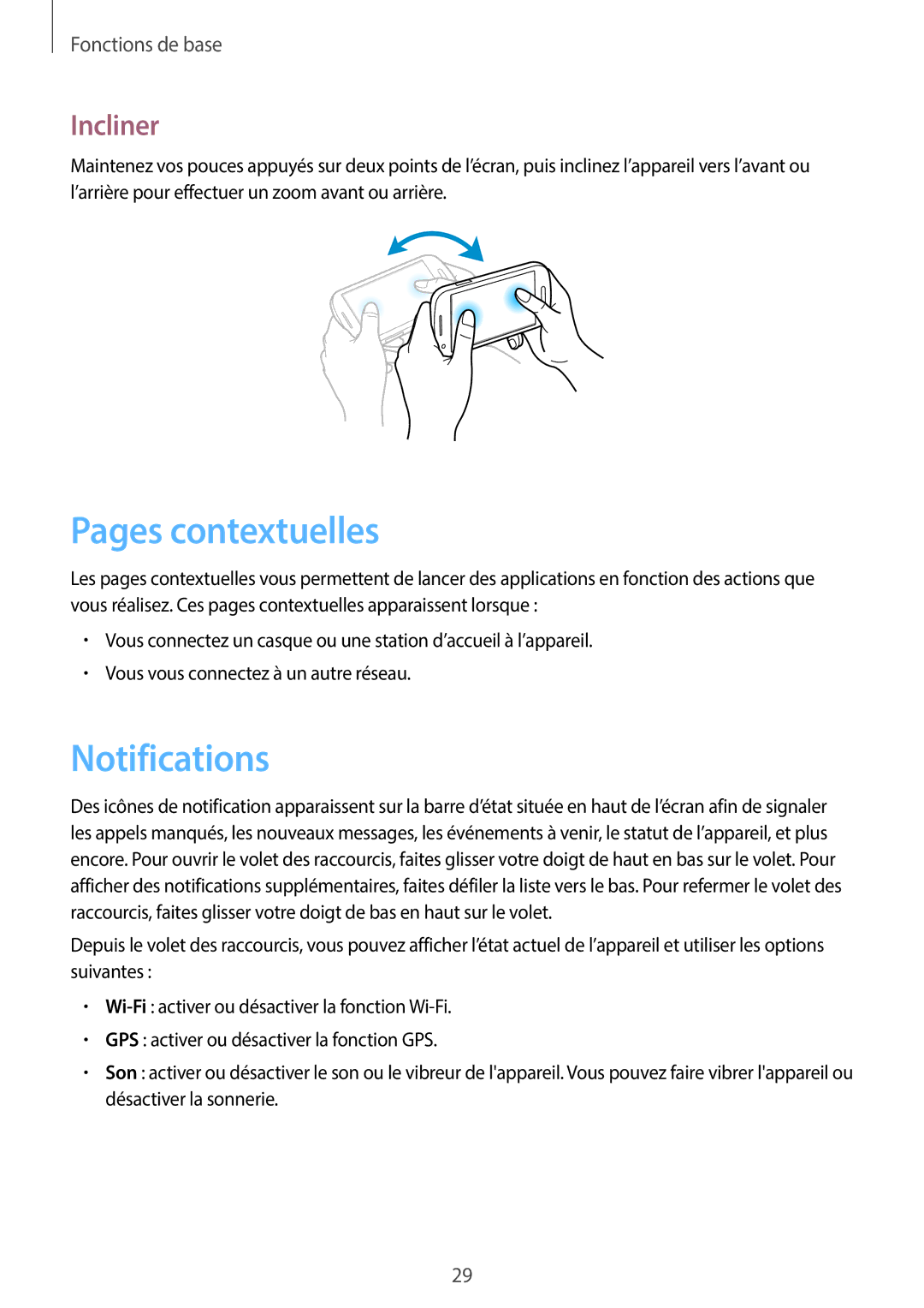 Samsung GT-I8730TAABOG, GT-I8730ZWABOG, GT-I8730ZWASFR, GT-I8730ZWAXEF manual Pages contextuelles, Notifications, Incliner 