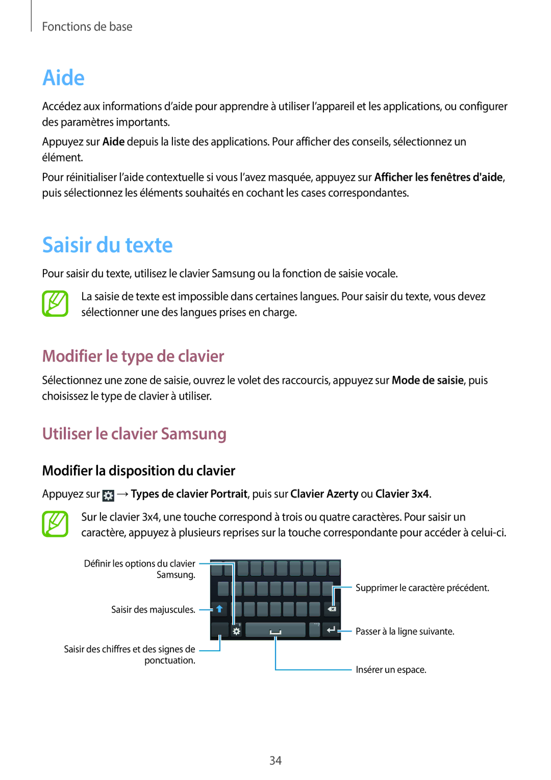 Samsung GT-I8730TAABOG, GT-I8730ZWABOG Aide, Saisir du texte, Modifier le type de clavier, Utiliser le clavier Samsung 