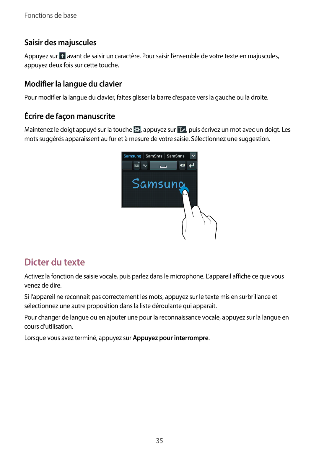 Samsung GT-I8730ZWABOG Dicter du texte, Saisir des majuscules, Modifier la langue du clavier, Écrire de façon manuscrite 