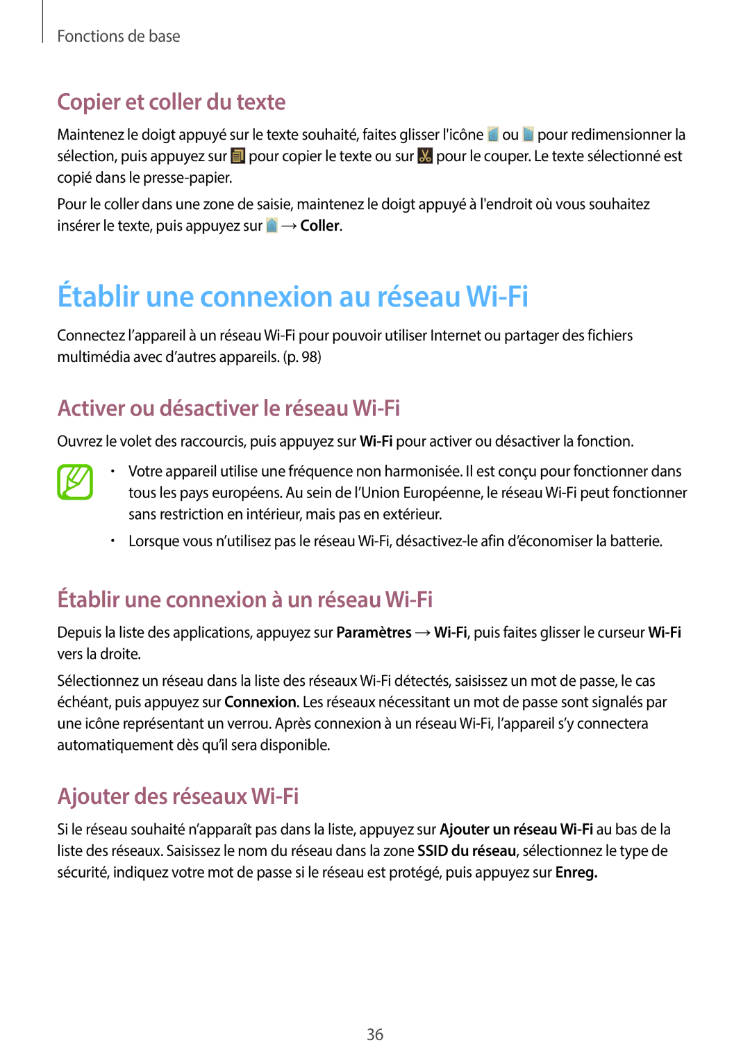 Samsung GT-I8730ZWASFR manual Établir une connexion au réseau Wi-Fi, Copier et coller du texte, Ajouter des réseaux Wi-Fi 