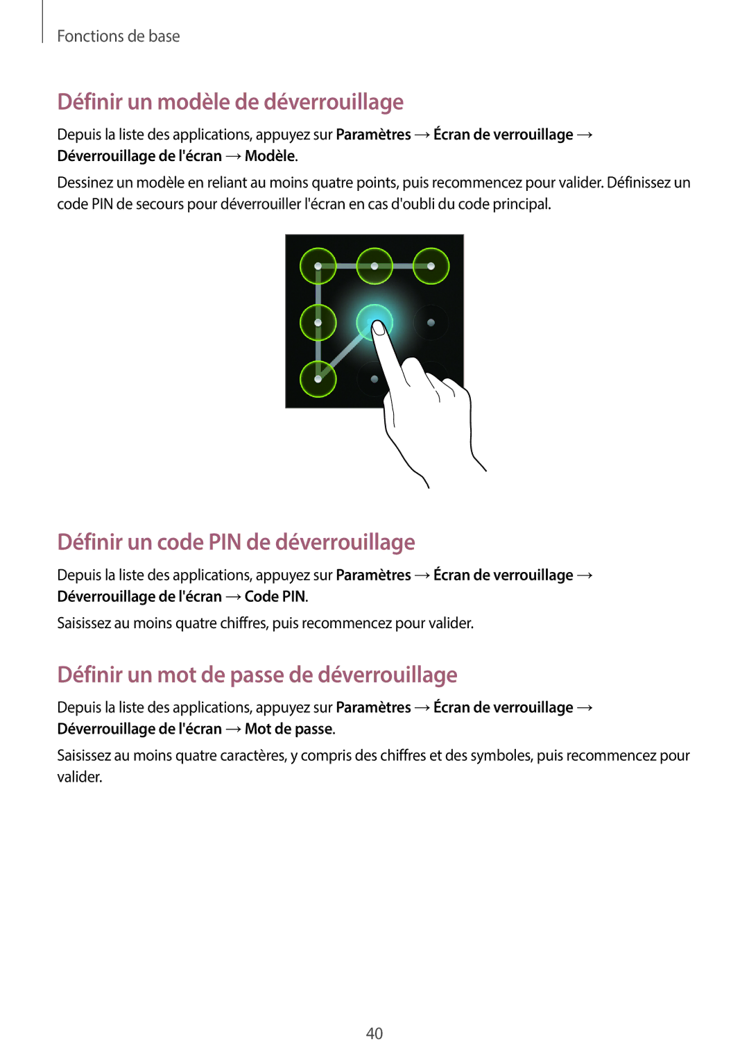 Samsung GT-I8730ZWABOG, GT-I8730ZWASFR manual Définir un modèle de déverrouillage, Définir un code PIN de déverrouillage 