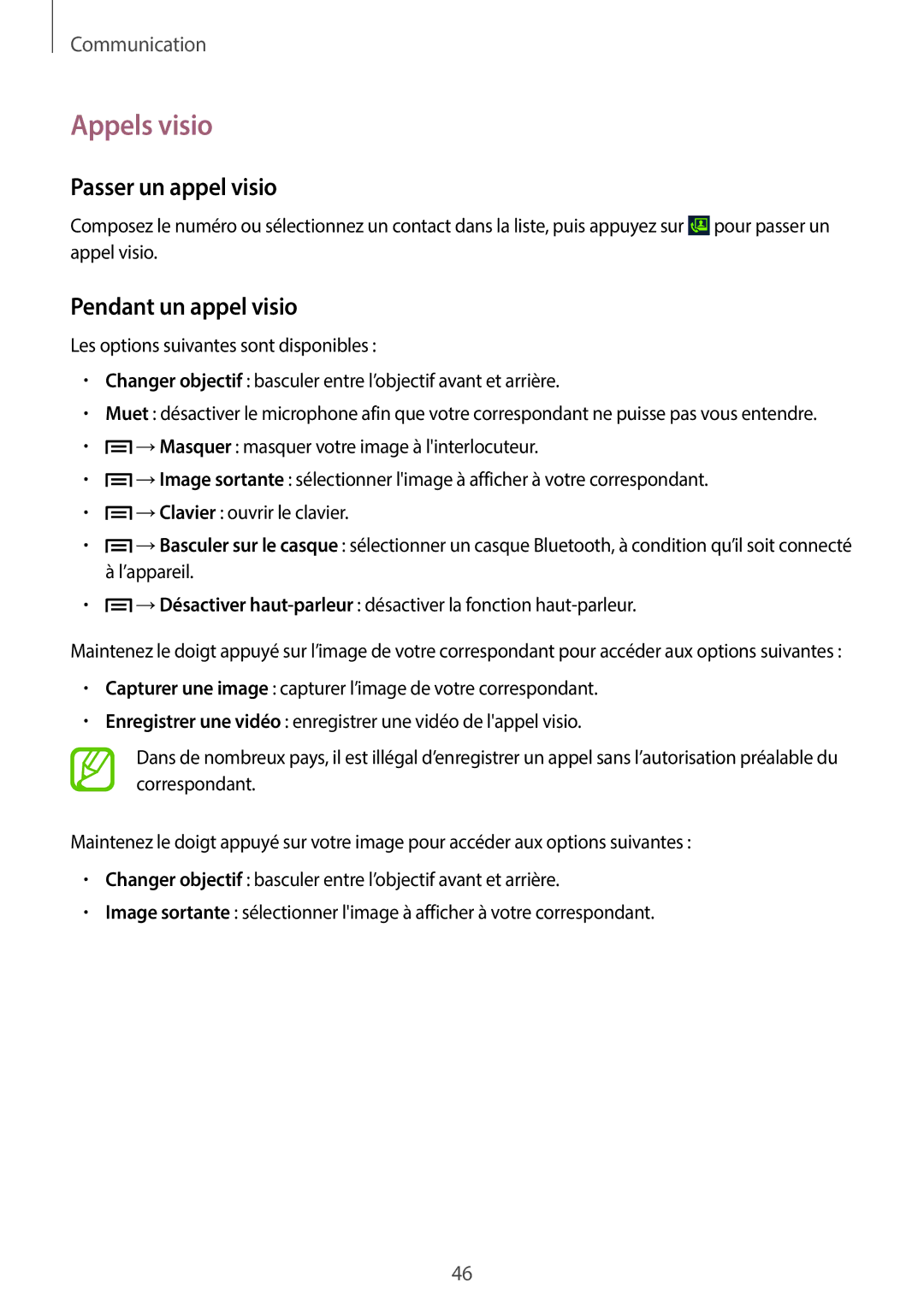 Samsung GT-I8730ZWASFR, GT-I8730ZWABOG, GT-I8730ZWAXEF manual Appels visio, Passer un appel visio, Pendant un appel visio 