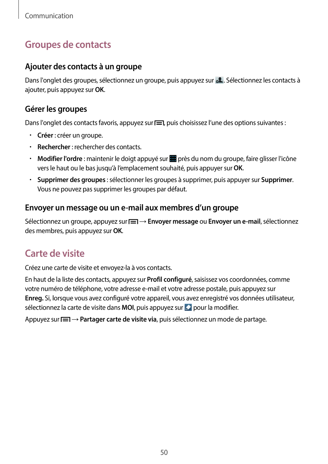 Samsung GT-I8730ZWABOG manual Groupes de contacts, Carte de visite, Ajouter des contacts à un groupe, Gérer les groupes 