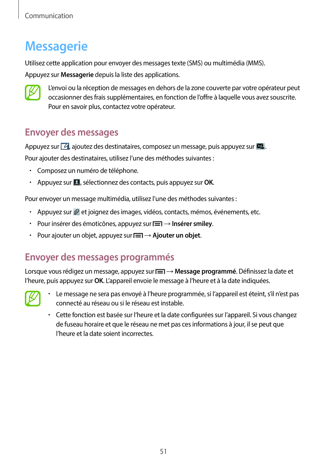 Samsung GT-I8730ZWASFR, GT-I8730ZWABOG, GT-I8730ZWAXEF, GT-I8730TAAFTM manual Messagerie, Envoyer des messages programmés 