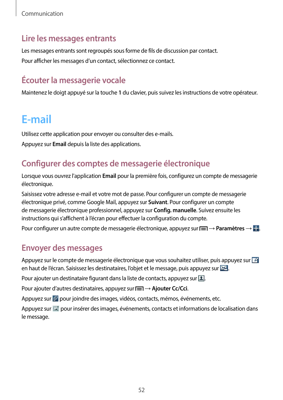 Samsung GT-I8730ZWAXEF, GT-I8730ZWABOG, GT-I8730ZWASFR manual Mail, Lire les messages entrants, Écouter la messagerie vocale 