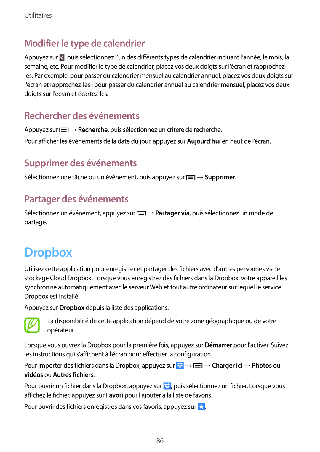 Samsung GT-I8730ZWASFR manual Dropbox, Modifier le type de calendrier, Rechercher des événements, Supprimer des événements 