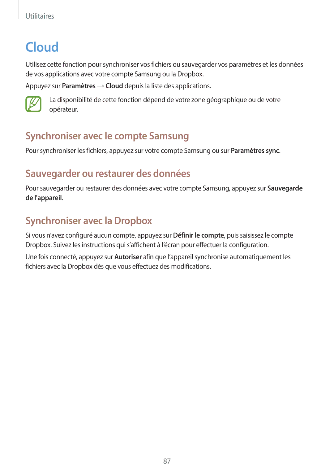 Samsung GT-I8730ZWAXEF, GT-I8730ZWABOG Cloud, Synchroniser avec le compte Samsung, Sauvegarder ou restaurer des données 