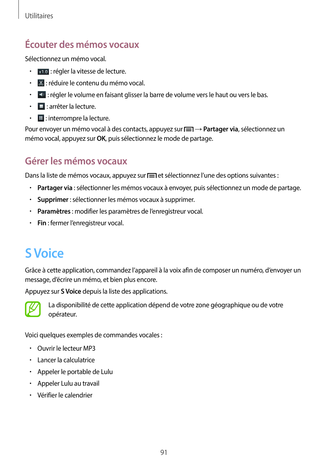 Samsung GT-I8730ZWASFR, GT-I8730ZWABOG, GT-I8730ZWAXEF manual Voice, Écouter des mémos vocaux, Gérer les mémos vocaux 