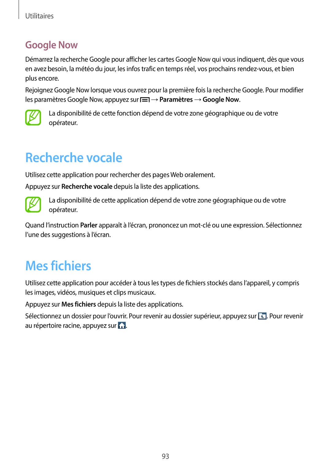 Samsung GT-I8730TAAFTM, GT-I8730ZWABOG, GT-I8730ZWASFR, GT-I8730ZWAXEF manual Recherche vocale, Mes fichiers, Google Now 