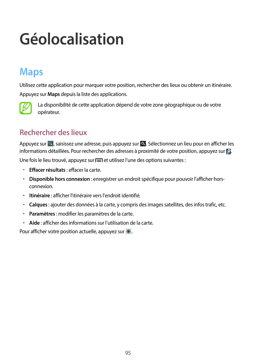 Samsung GT-I8730ZWABOG, GT-I8730ZWASFR, GT-I8730ZWAXEF, GT-I8730TAAFTM manual Géolocalisation, Maps, Rechercher des lieux 