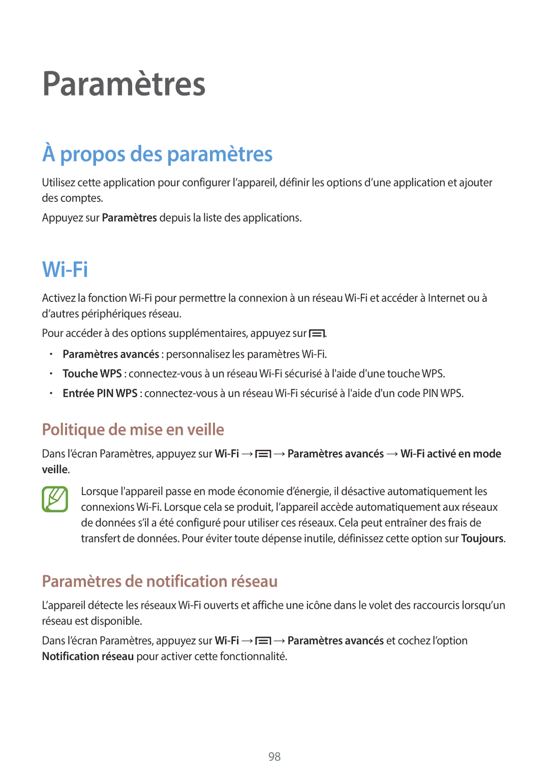 Samsung GT-I8730TAAFTM, GT-I8730ZWABOG manual Paramètres, Propos des paramètres, Wi-Fi, Politique de mise en veille 