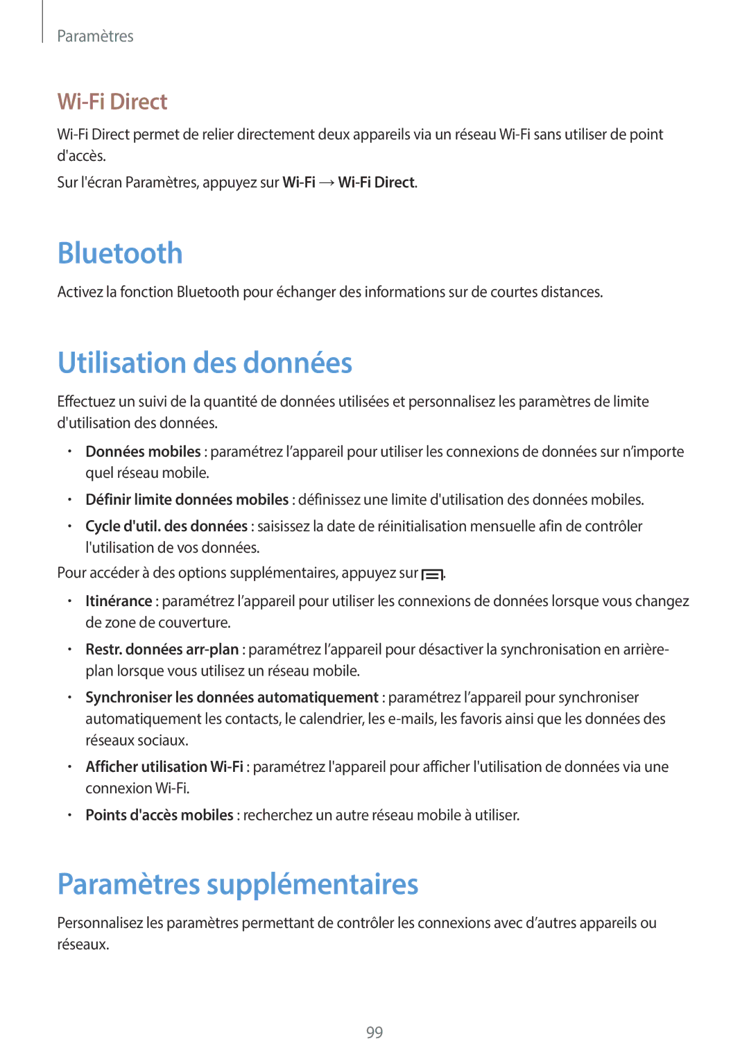 Samsung GT-I8730TAABOG, GT-I8730ZWABOG, GT-I8730ZWASFR Utilisation des données, Paramètres supplémentaires, Wi-Fi Direct 