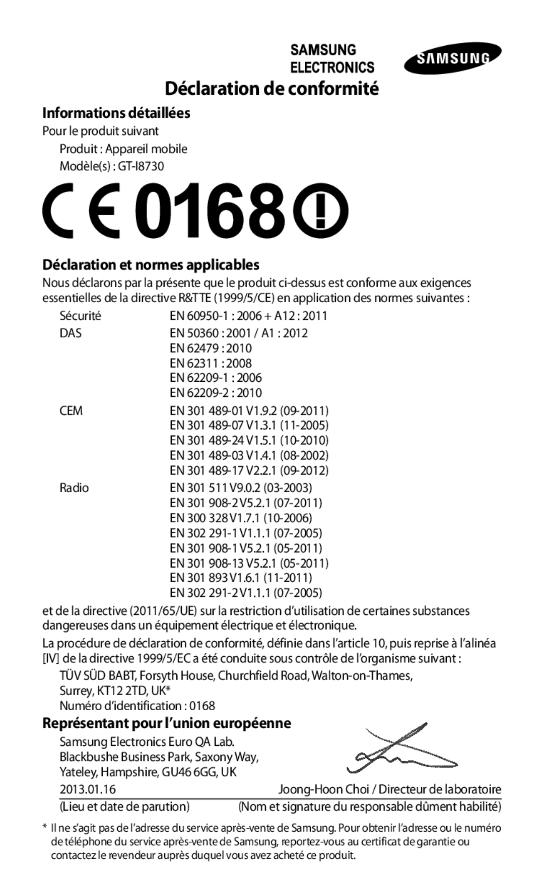 Samsung GT-I8730TAABOG Informations détaillées, Déclaration et normes applicables, Représentant pour l’union européenne 